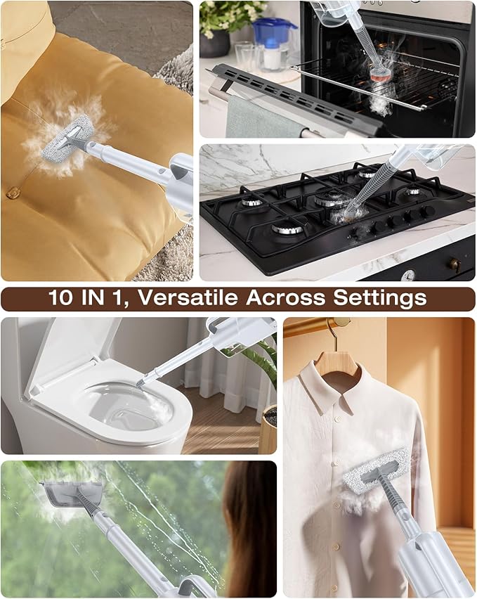10-in-1 Steam Mop with Detachable Handheld Steamer, 350ml Tank, 10s Heat-Up, 248°F Steam Cleaner, 3-Level Control and Swivel Head for Floors, Carpets, Tiles, BBQ grill Multi-Surface Clean White