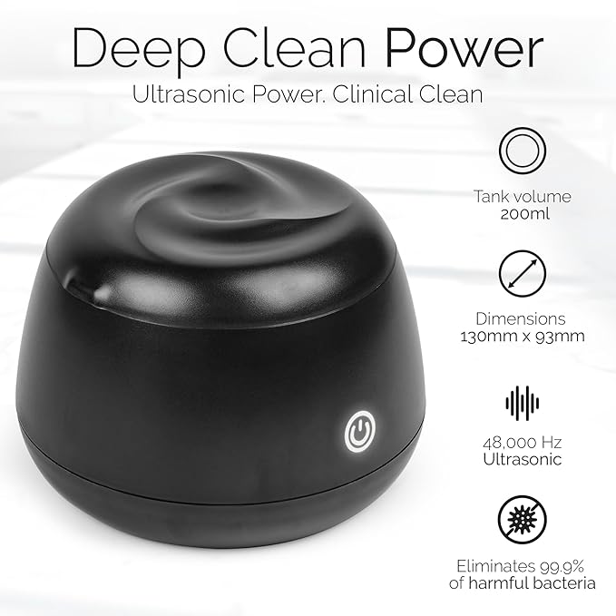 Ultrasonic Retainer Cleaner 48kHz – Dental Pod for Invisalign, Dentures & Mouth Guards – Deep Cleaning Machine for Retainers & Night Guards – 200ML Tank, One-Touch Operation – Black