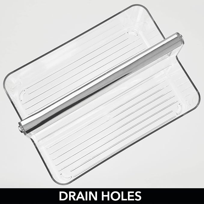 mDesign Plastic Shower Caddy Storage Organizer Utility Tote, Divided Basket Bin - Metal Handle for Bathroom, Dorm, Kitchen, Holds Soap, Shampoo, Conditioner - Aura Collection - Clear/Chrome