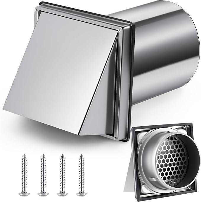 6 Inch Exterior Wall Vent Cover, 304 Stainless Steel Vent Hood with Non Return Flap, Bird Guard Mesh & Sealing Gasket, Outdoor Wall Dryer Exhaust Cover with Extension Tube