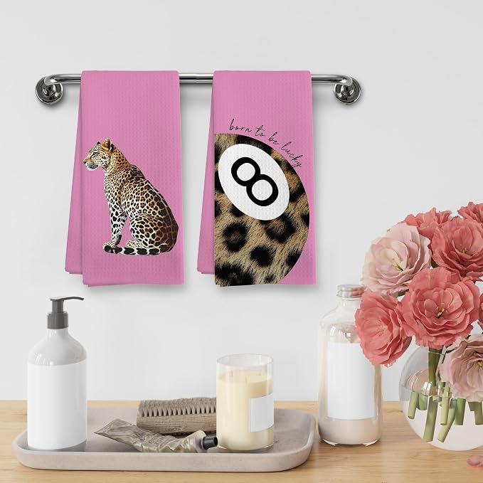 Trendy Leopard Cheetah Print Lucky 8 Ball Bathroom Decor, Preppy Girly Pink Leopard Decor Dish Hand Tea Towels for Bathroom Kitchen Sets of 2, Cheetah Kitchen Towels and Dishcloths,16x24 Inch