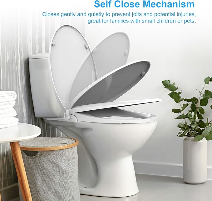 Bidet Toilet Seats, Tapa De Inodoro, Elongated Plastic White, Slow Soft Close Oval Cover for Bathroom, Standard Non-Electric Bowl ToTo Lids, Self Comfort Easy Clean Round Padded