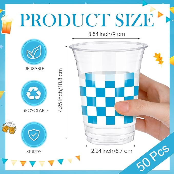 SiliFine 50 Pcs 12 oz Blue Checkered Plastic Cups Clear Disposable Gingham Plaid Party Cups for Race Car Theme Baby Shower Farmhouse Celebrations Birthday Party Decorations