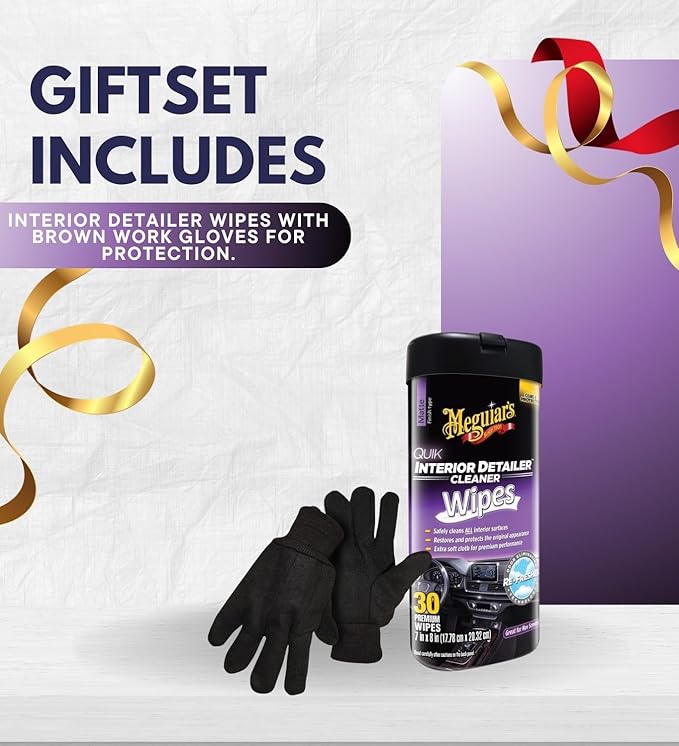 2x Quik Interior Detailer Multi-Surface Cleaner Wipes 30 Ct Bundle with Work Gloves – Convenient Car-Wipes for Dashboard, Vinyl, and Leather Wipes Use — Gift Set (3 Items)