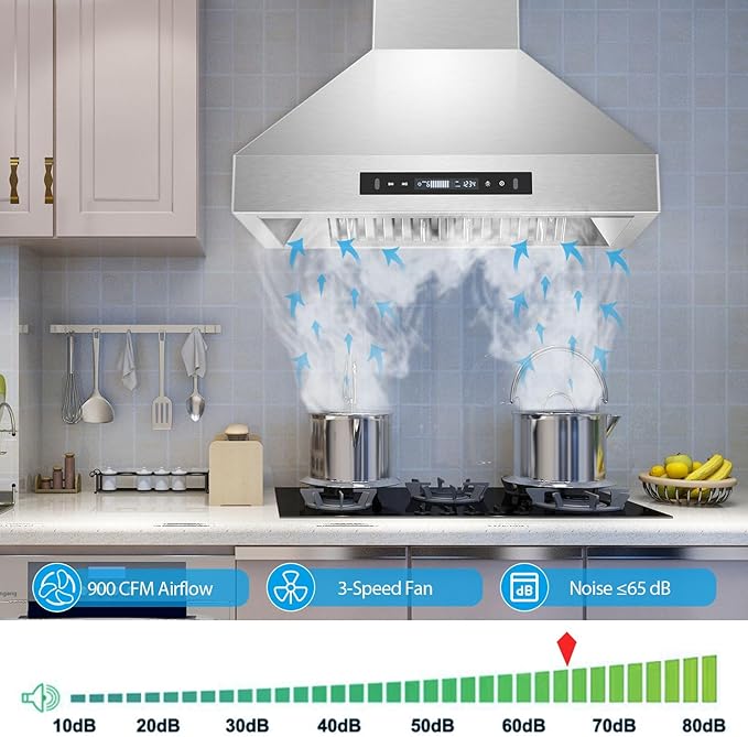 Tieasy 30 inch Range Hood, Wall Mount Kitchen Hood 900 CFM Ducted/Ductless Convertible with Gesture Sensing & Touch Control, Stainless Steel Vent Hood 3 Speed Exhaust Fan, 4 Baffle Filters