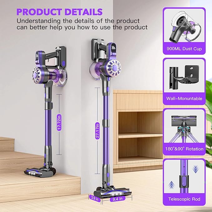 WLOTPO Cordless Vacuum Cleaner for Home,Lightweight Stick Vacuum Cordless Rechargeable with Power Suction, Up to 35 Mins Runtime, Hardwood Floor Vacuum for Pet Hair,Carpets,Tile(Purple)