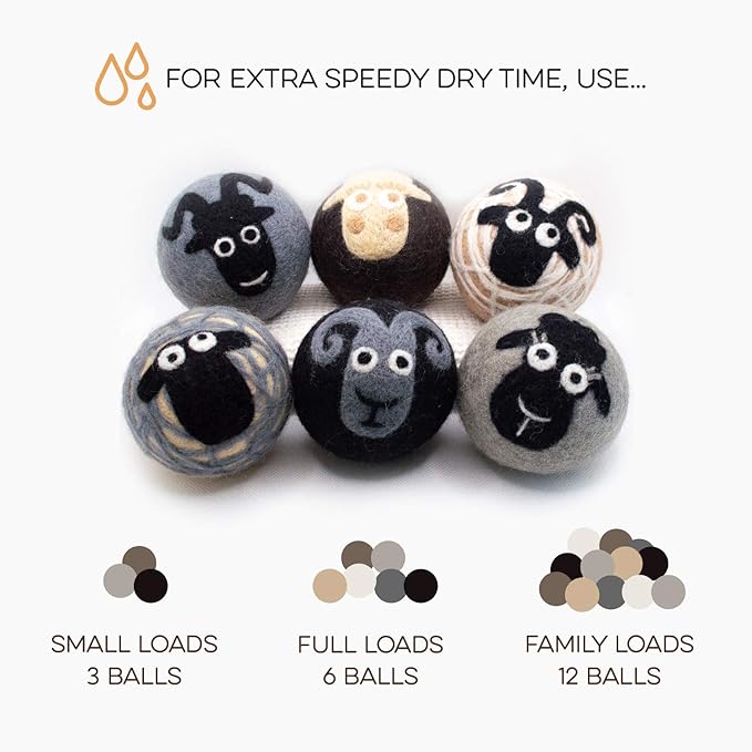 Fluff Ewes Premium Handmade New Zealand Reusable Wool Dryer Balls for Laundry, Baby, Anti-Static Alternative to Liquid Fabric Softener, Plastic Dryer Balls or Dryer Sheets, 12 Pack Bundle