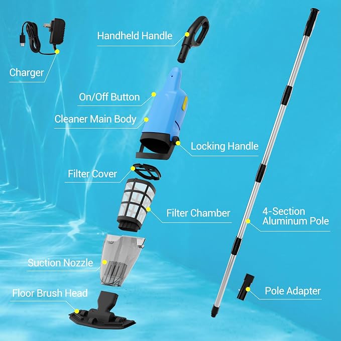 Handheld Pool Vacuum for Above Ground Pool, 4-Section Detachable Pole, 18 GPM Powerful Suction, 60 mins Runtime, 120μm Fine Filter, Cordless Pool Cleaner for Leaves, Sand and Debris, Blue