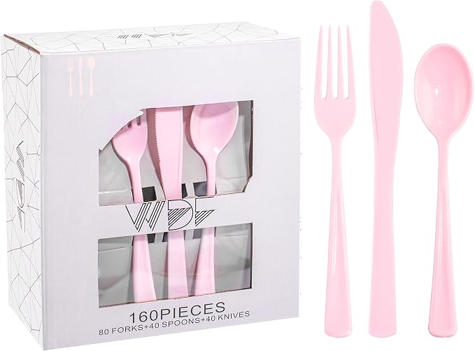 WDF 160 Piece Pink Plastic Silverware - Heavy Duty Pink Silverware Includes 80 Forks, 40 Spoons, 40 Knives, Plastic Utensils Perfect for Wedding/Party/Mother's Day