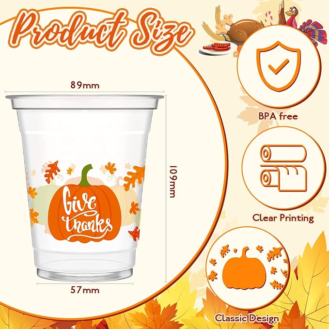 Meanplan 100 Pcs Thanksgiving Plastic Cups Bulk 12oz Fall Disposable Cups Autumn Pumpkin Leaf Turkey Clear Drinkware Tumblers Coffee Juice Wine Glasses Harvest Wedding Party Supplies(Pumpkin)