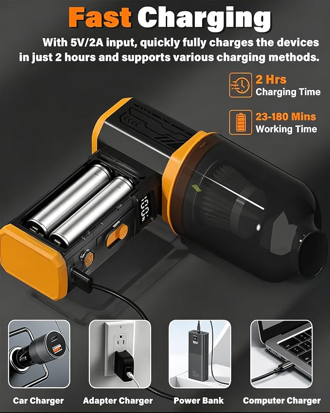Compressed Air Duster, 130K RPM Powerful Cordless Mini Blower with Display, 10-Gear Adjustable Car Vacuum with Fast Charging, Rechargeable Handheld Vacuum for Home, Outdoor and Car (Black, 2-in-1)