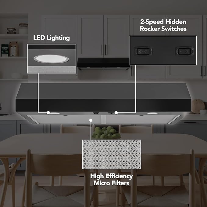 Broan-NuTone 30-Inch Black Under Cabinet Range Hood- Trusted Quiet Power with 350 CFM, 1.5 Sones for Effective Everyday Kitchen Ventilation