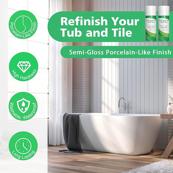 NADAMOO White Bathtub and Tile Refinishing Spray Paint Kit, 450ml (2 Pack), Semi-Gloss DIY Coating for Porcelain, Fiberglass, and Sinks