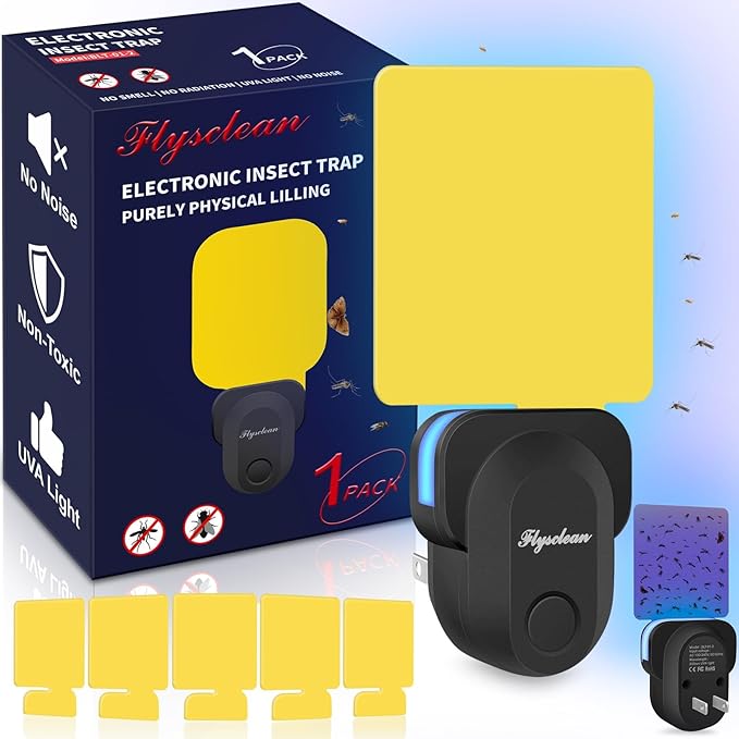 Flying Insect Trap Plug-in, Indoor Mosquito & Gnat Killer, Safe Non-Toxic UV Light Fly Catcher, Night Light Bug Trap with Sticky Pad for Flies, Gnats, Moths (1 Pack, Deep Black)