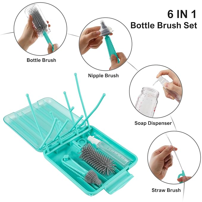 YomauiYee 6 in 1 Bottle Brush Set,Bottle Cleaner Brush Kit with Bottle Brush,Drying Rack,Nipple Brush,Straw Brush,Soap Dispenser&Storage Box,Portable Baby Essentials for Home&Travel