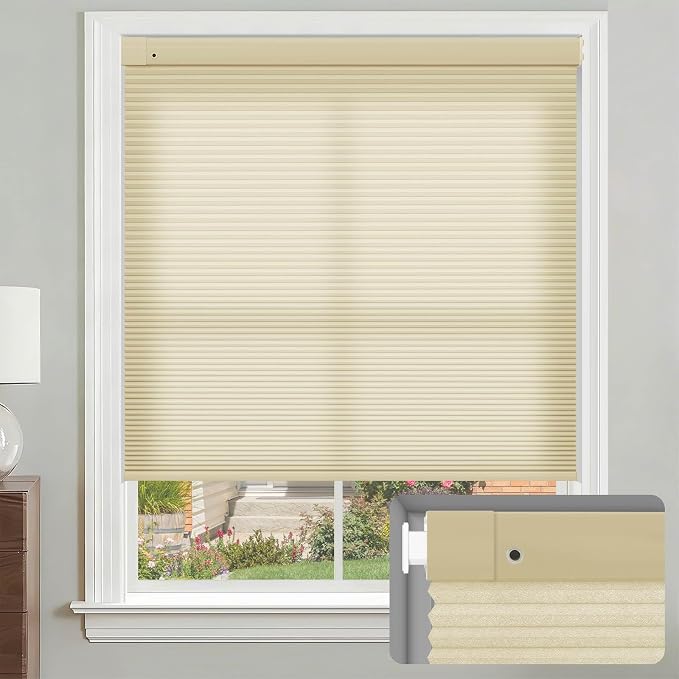 No Drill Cellular Shades, Cream 24" W x 48" H Cordless Light Filtering Pull Down Pleated Honeycomb Blind Thermal Insulated Easy Install for Indoor Window Bedroom Living Room Kitchen