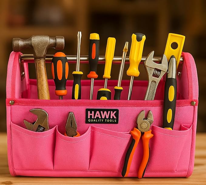 RAVEN 12.5" Pink Tool Carry-All Tool Bag | Premium Canvas with Multi-Pockets | Metal Handle & Rubber Feet | 12.5" x 9.5" x 8" | Best for Tools, Crafts & Supplies