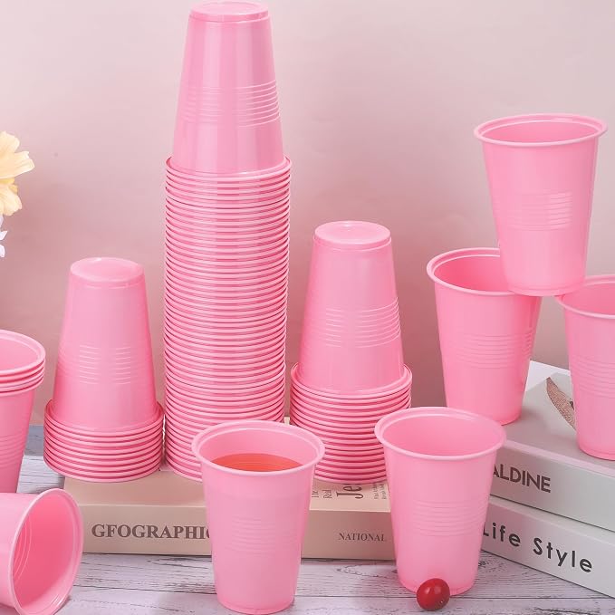 Kochorie 100 Pack Disposable Plastic Cups 16 Oz Solid Color Drinking Cups Party Supplies Strong and Sturdy Drinkware Cup For Birthday, Wedding, Baby Shower, Gender Reveal Party& Daily Use, Pink
