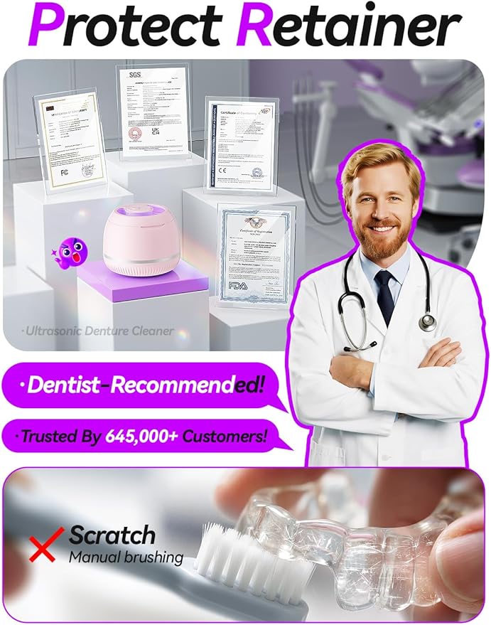 Beser Ultrasonic Retainer Cleaner, 2X Clean, 4X Sterilize, Dental Retainer Cleaner Machine Pod for Aligner, Nightguard, Mouth Guard, Denture Cleaner, Oral Dental Care, IPX6, 200ML, Pink