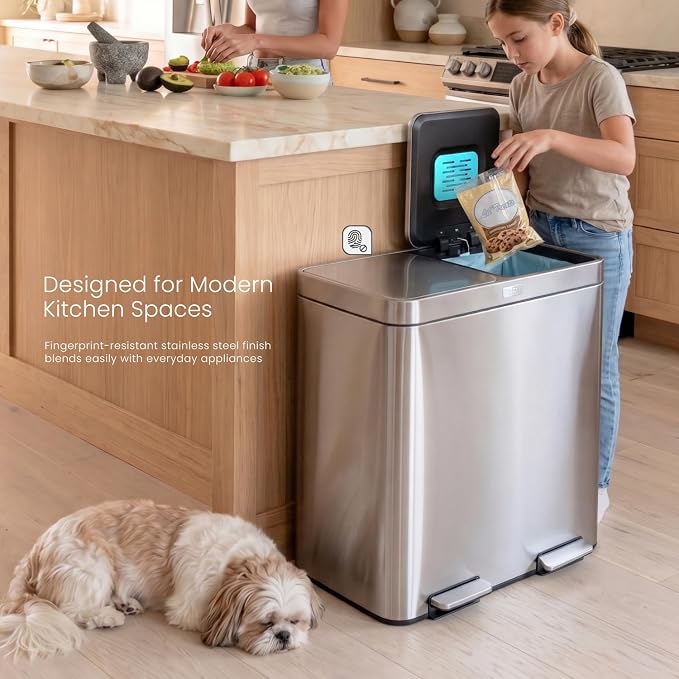 Home Zone Living 16 Gallon Kitchen Trash Can with Dual Compartments | Stainless Steel with CleanAura Odor Control, Soft-Close Step Pedal Lids for Recycling, Silver