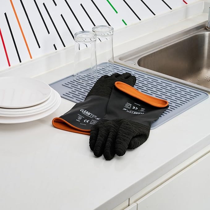 Restaurantware Chemical Resistant Gloves 10 Pairs 13.78 Inch Rubber Industrial Work Gloves Heavy Duty Unlined Black Non-Slip Roll Cuff Reusable Gloves for Mining