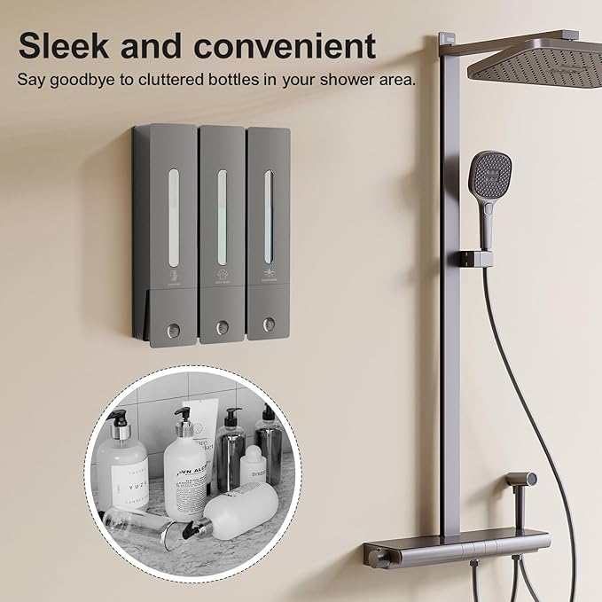 Shampoo and Conditioner Dispenser - Wall-Mounted 3-Chamber Shower Soap Dispenser, No-Drill, 1200ML Capacity, for Bathroom & Hotel