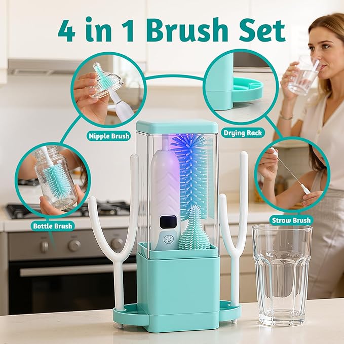 Electric Bottle Brush Cleaner with Drying Rack & LED Display, Rechargeable Baby Bottle Cleaning Kit, 360° Automatic Bottle Washer for Travel & Home, Silicone Spin Brush Set for New Parents, Green