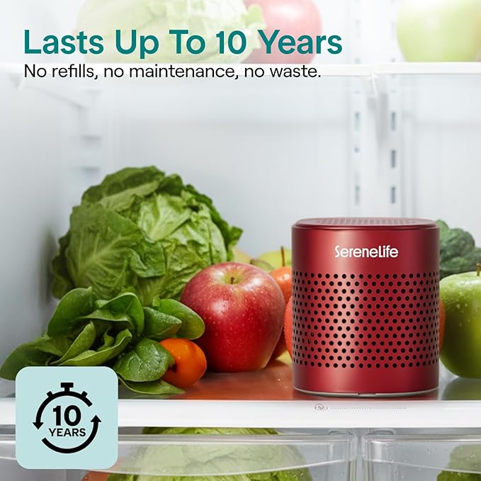 SereneLife Fridge Deodorizer & Odor Eliminator, Multi-Use Refrigerator Deodorizer Aluminum Pod for Freezer, Closet, Car, Shoes & Enclosed Spaces, Compact, Reusable & Lasts Up to 10 Years (Red)