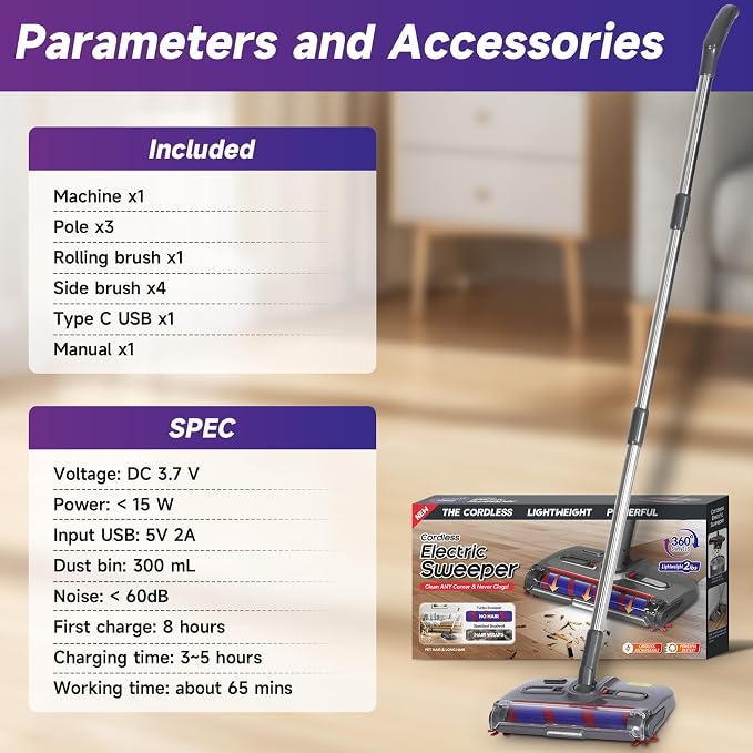 Swivel Cordless Sweeper,Floor Cordless Sweeper, Cordless Electric Sweeper Rechargeable Cordless Sweeper, 360 Direction, Hard Floor Sweeper Roller Sweeper for Home Crumbs,Kitchen, pet Hair,
