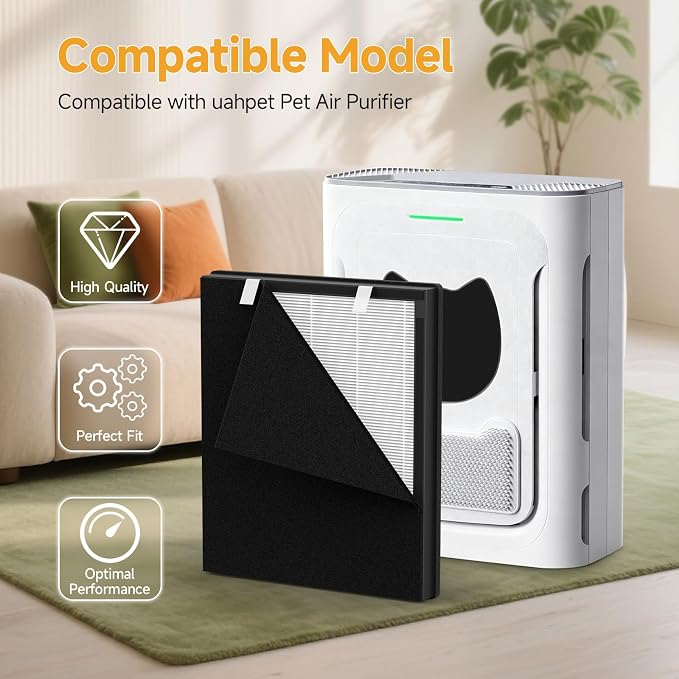True HEPA Replacement Filter Compatible with uahpet Pet Air Purifier Slim, for Home Large Rooms, Pet Household, Includes 4 HEPA Filters and 12 Washable Pre-Filters