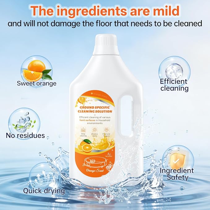 1 L Floor Cleaning Solution Orange Scent, Compatible with Roborock/Shark/Bissell/Swiffer/IRobot/Eufy Quick Drying Without Residue Suitable for All Robot Vacuums and Wet Dry Dual-Use Vacuum Cleaners