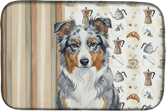 Caroline's Treasures Blue Merle American Shepherd Coffee Bar Dish Drying Mat Absorbent Dish Drying Mat Pad for Kitchen Counter Dish Drainer Mat for Countertop, 14 x 21", Multicolor