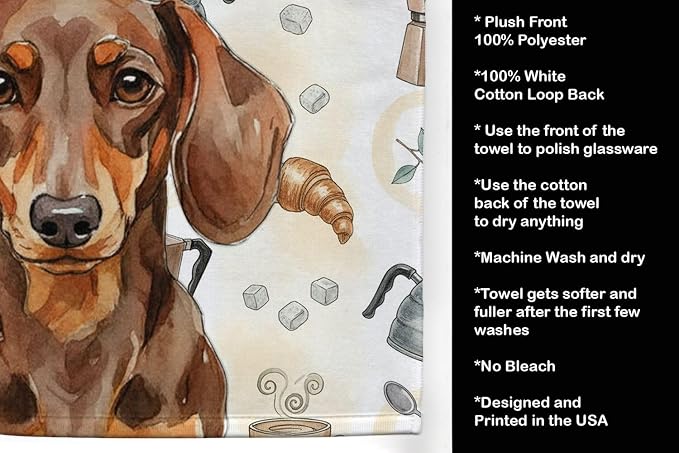 Caroline's Treasures Chocolate and Tan Dachshund Coffee Bar Kitchen Towel Velour Plush Front and Cotton Loop Back Machine Washable