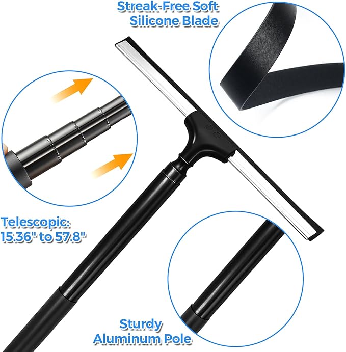 Tiiyee Window Squeegee for Home, 2 in 1 Window Washing kit with 57" Extension Pole Telescopic Shower Door Cleaner Tool Car Windshield Cleaning Long Handle for Glass Doors Floor Tile Wall 14 inch Wide
