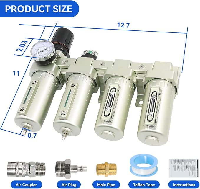 1/2" Air-Dryer-for-Compressor 4 Stage 2Filter&2Dryer System Manual Drain | NPT Industrial Grade Air-Compressor-Water-Separator-System for Plasma Cutter and Paint Spray
