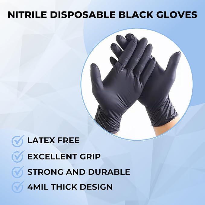 HandCare 4 Mil Black Nitrile Disposable Gloves, Powder-Free & Latex-Free for Tattoo, Food Prep & Cleaning