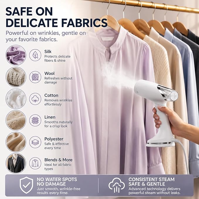 Foldable Handheld Garment Steamer - 1100 Watts of Powerful Steam - Dual Voltage (120-240) Great for worldwide Travel, Comes with Travel Bag (White)