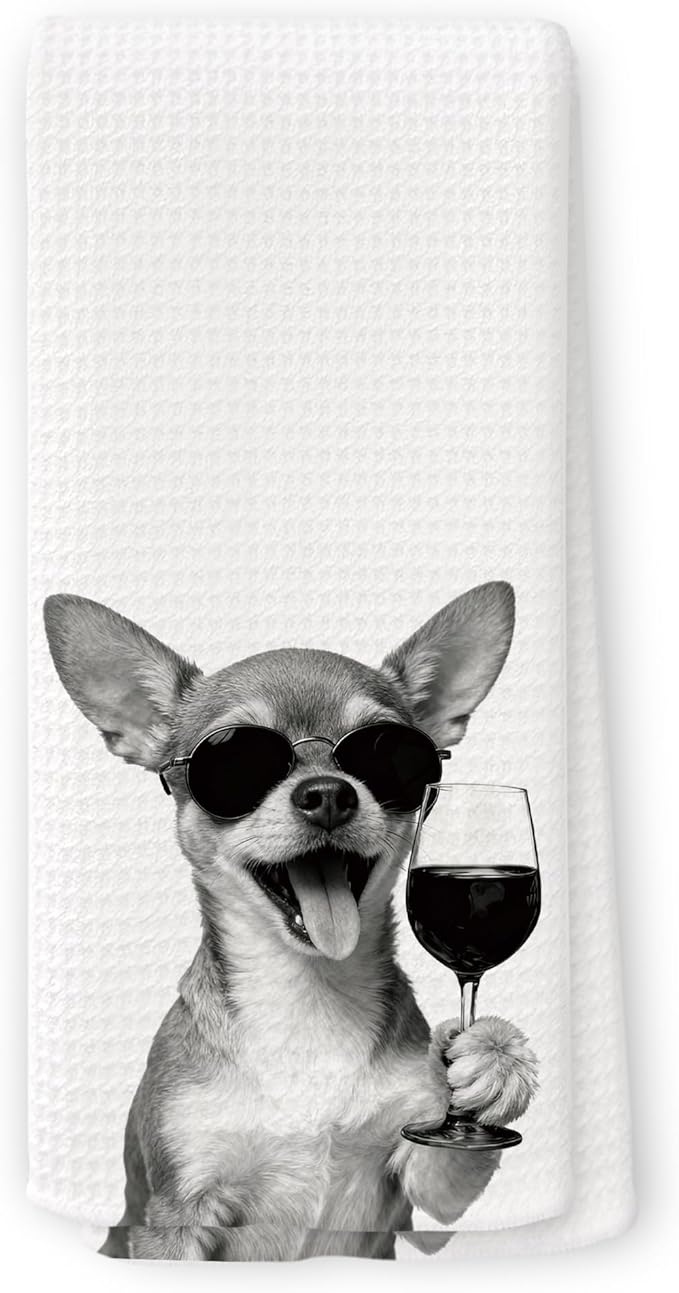 Funny Chihuahua Wine Kitchen Towels, Gifts for Dog Wine Lovers, Bar Accessories Dish Tea Towels for Kitchen, Dog Owners Housewarming Gift Decorative Hand Towel 16x24 Inch
