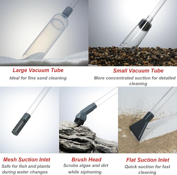 Aquarium Siphon Vacuum Kit with Turkey Baster, Fish Net for Tank Cleaning | Dual Vacuum Tubes; Brush Head; Gravel & Sand Cleaning; Water Change; Debris Removal; Flow Control Valve