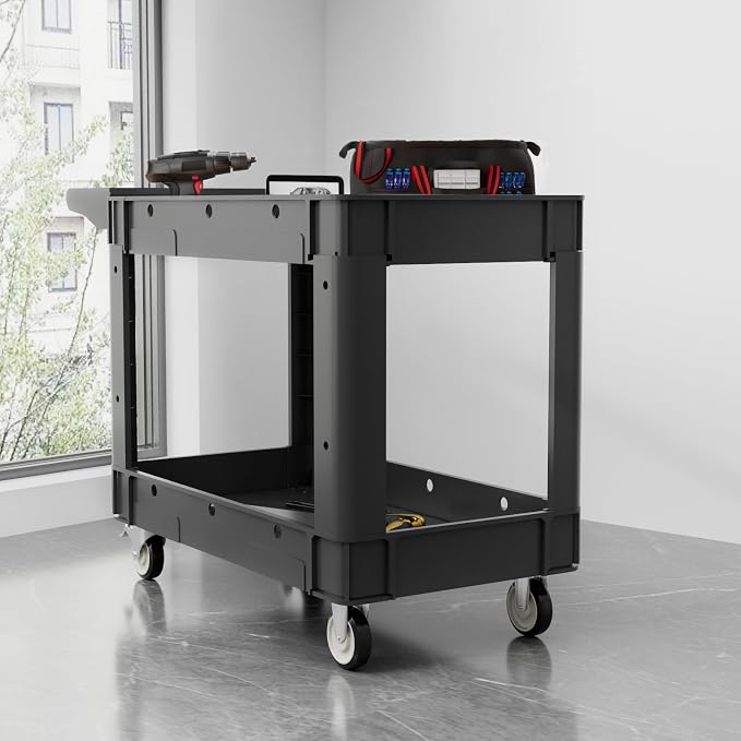Our Modern Space Commercial Grade 2 Shelf Utility Cart with Wheels - Rolling Tool Trolley, Heavy Duty Service Push Cart for Business Warehouse Office Restaurants Ecommerce Garage