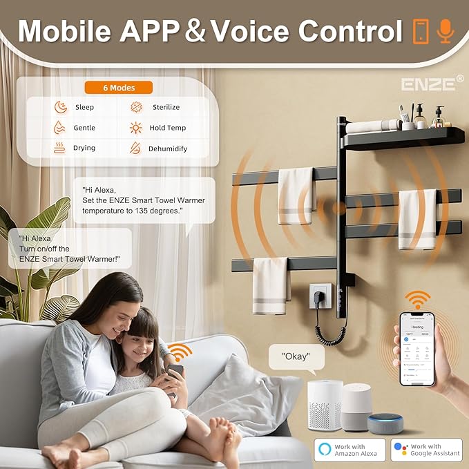 ENZE Smart Rotating Heated Towel Rack for Bathroom, 4-Bar Wall-Mounted Electric Towel Warmer with Swivel Shelf, Wi-Fi App Control, 24H Timer, Stainless Steel, IPX5, Hardwired/Plug-in, Matte Black