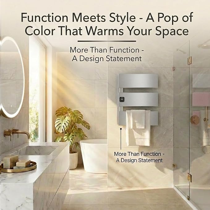 L Series Electric Towel Warmer for Bathroom, 3 Panel, Silver | Thermo Control and Timer, Fast Heat in 3 Mins, Dry Towels in 4 hrs, Memory Function, Work with Smart Plug, Left-Wiring