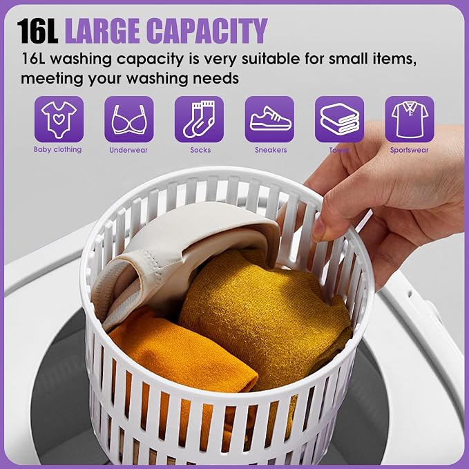 Portable Washing Machine 16L Mini Laundry Washer 3 Modes with Spin Basket Laundry Machine Cleaning Depth Underwear,Baby Clothes Small Shirt for Apartments Dormitories Hotels and Camping (purple)