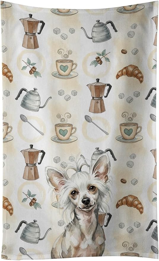 Caroline's Treasures Hairless Mottled Pattern Chinese Crested Coffee Bar Kitchen Towel Velour Plush Front and Cotton Loop Back Machine Washable