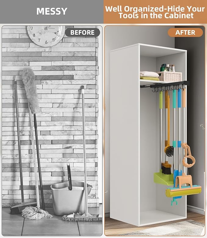 Pull Out Broom Holder With Adjustable Double Row Sliding Hook, Multifunctional Slide Broom And Mop Storage/Organizer Garage Organization Hooks, for Closet Laundry Garage - 56cm/22in