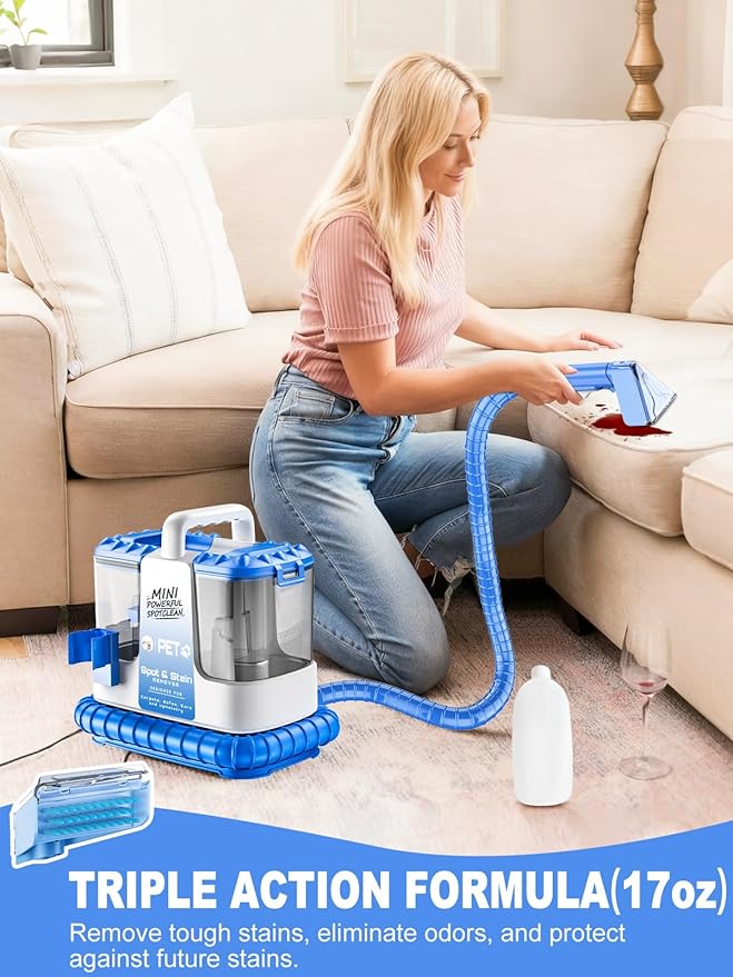 Portable Carpet & Upholestery Cleaner Machine for Pets, Spot, Stain, Couch Cleaner Machine with Powerful Suction and and Cleaning Solution, Car/Auto Detailer, Lightweight Compact Design, Blue