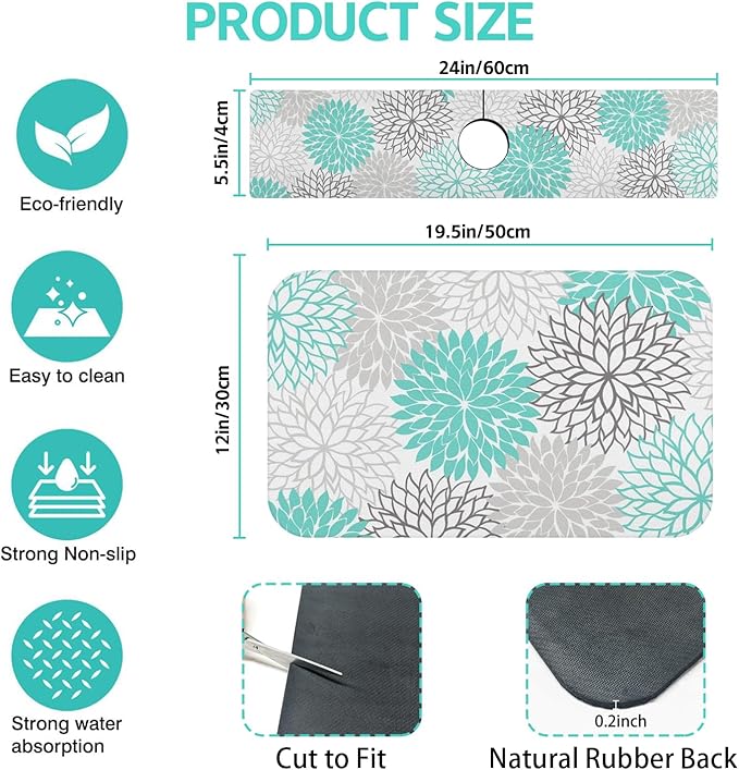 Dish Drying Mat for Kitchen Counter Matt, 2PCS 19"x12" Dish Drainer Mat & 24"x5.5" Sink Splash Guard, Super Absorbent Non-slip Rubber Backed