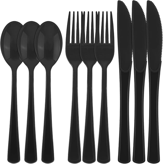 Kochorie 300 Pieces Graduation Black Plastic Silverware, Heavy Duty Disposable Utensils with Forks Spoons Knives, Premium Heavyweight Cutlery for Graduation Party, Birthday, Prom Night, Wedding Dinner