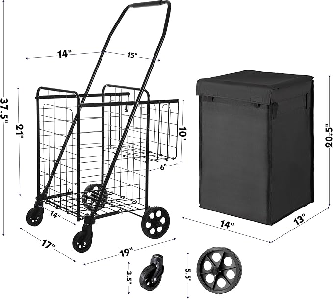 BIEAMA Folding Shopping Cart with Waterproof Liner, Grocery Cart 200 Lb | Utility Cart with Large Bag, Top Cover, 360 Rolling Swivel Wheels, Extra Basket