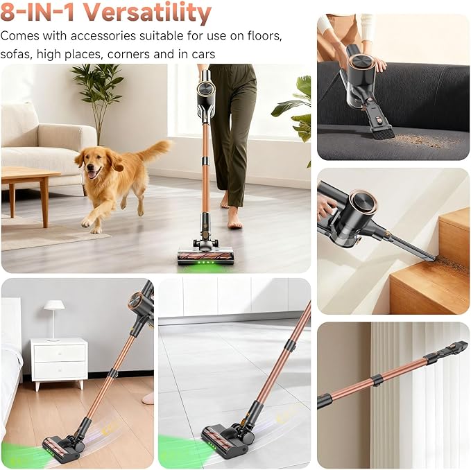 Cordless Stick Vacuum Cleaner - 45KPA Powerful Suction Vacuum with 45 Min Runtime, Detachable Battery, Anti-Tangle & 1.5L Dust Cup, 8 in 1 Vacuum Cleaner for Pet Hair, Carpet, HardFloor, Gold